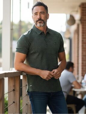 BYLT Premium Basics NEW Drop Cut Polo Shirt Green Polka Dot Stretch Lux Sz.M